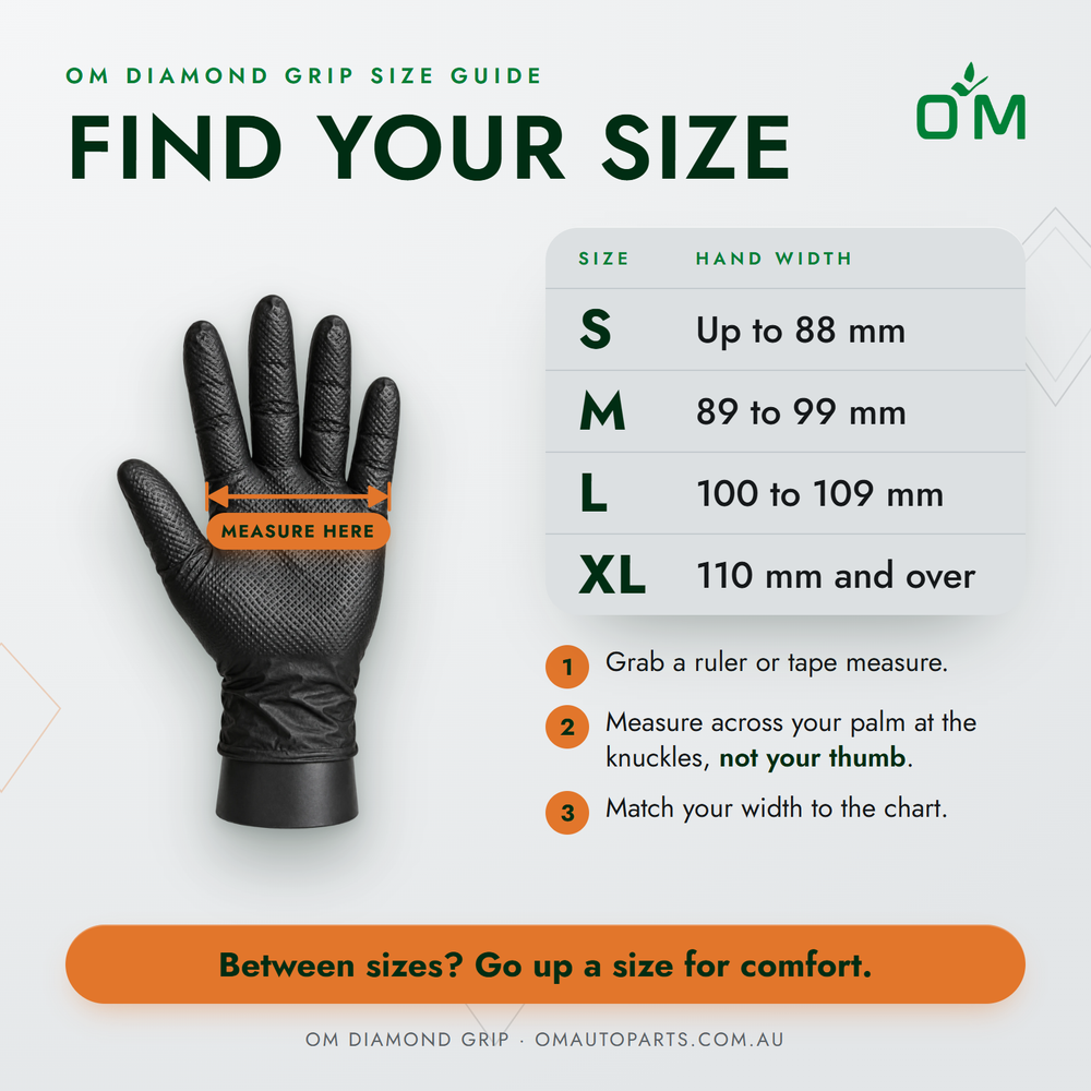 OM Diamond Grip size chart: measure hand width across the palm at the knuckles