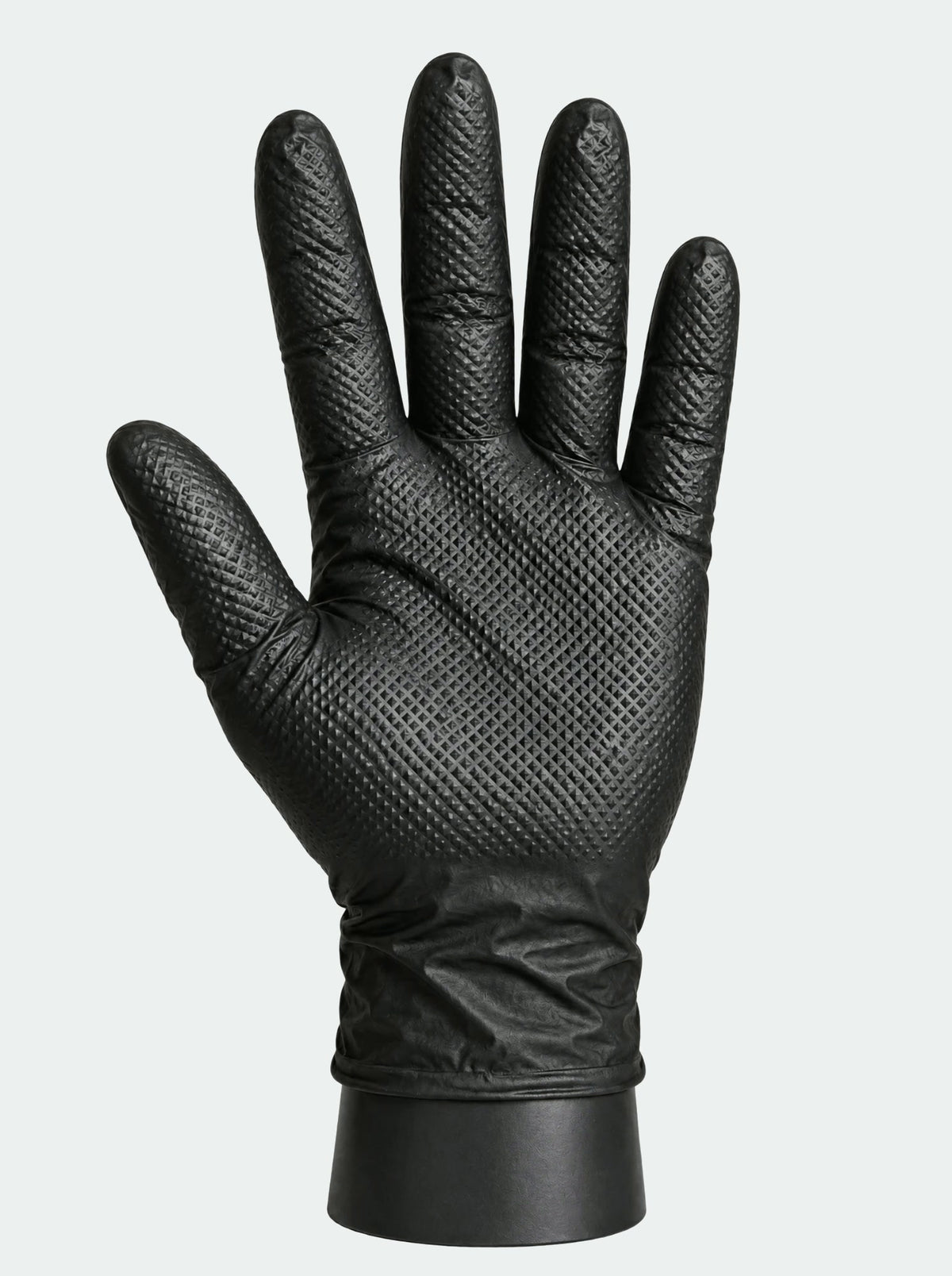 OM Diamond Grip black nitrile glove, palm view showing the raised diamond texture
