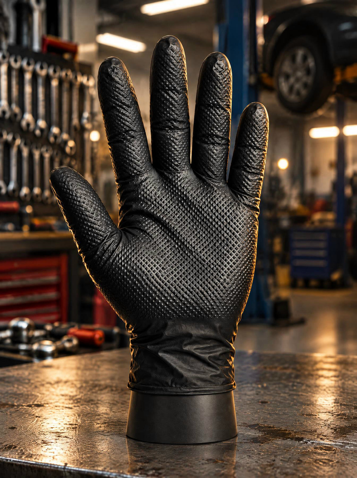 Black OM Diamond Grip gloves on the job in a workshop