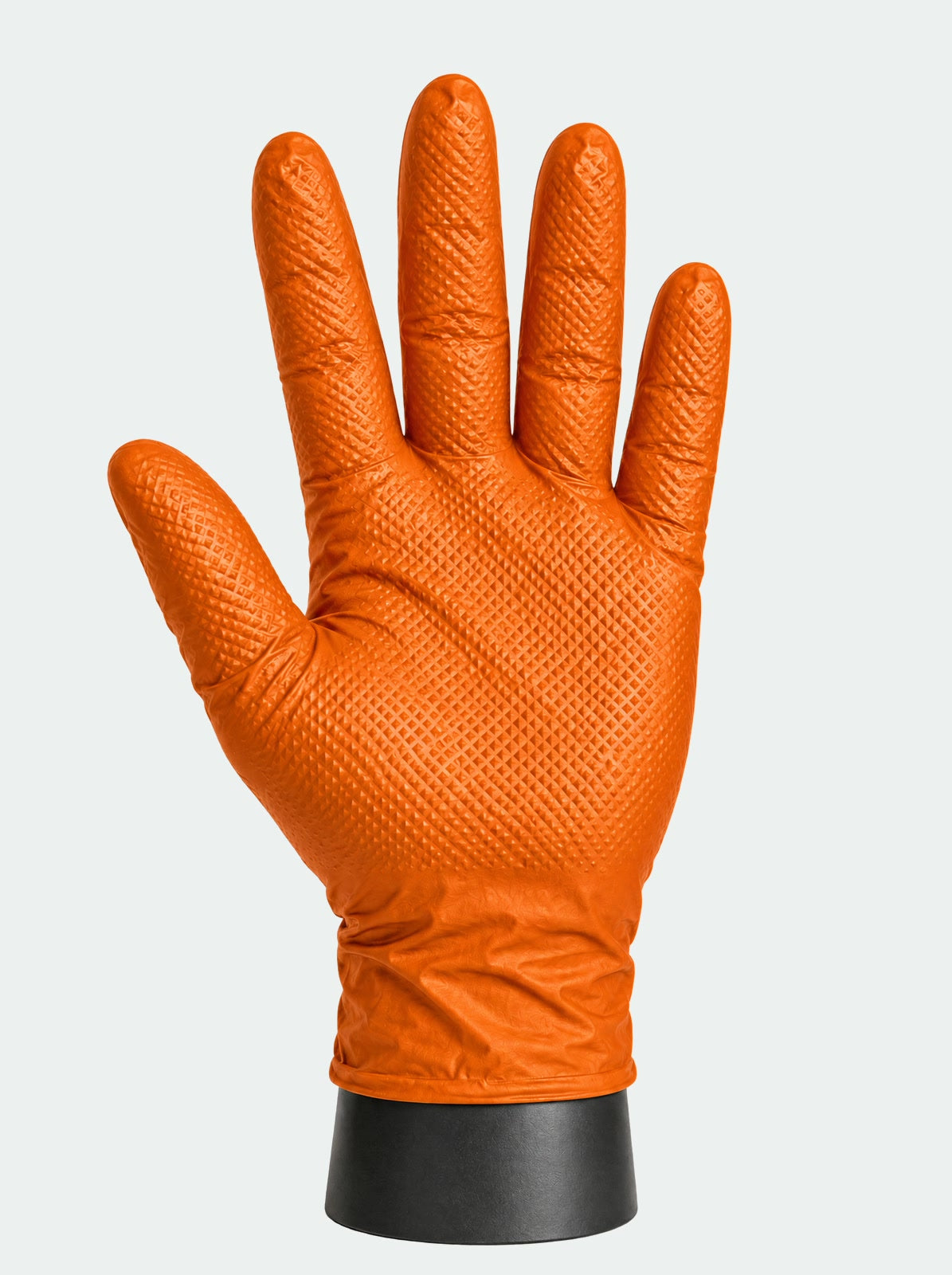 OM Diamond Grip orange nitrile glove, palm view showing the raised diamond texture